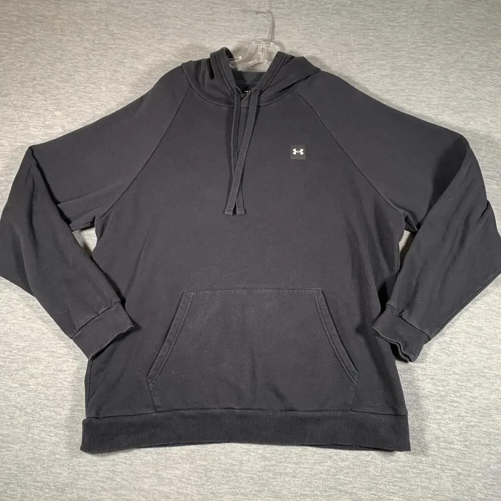 Under Armour Hoodie Mens 2XL Black Fleece Pullover Sweatshirt Logo Loose Fit